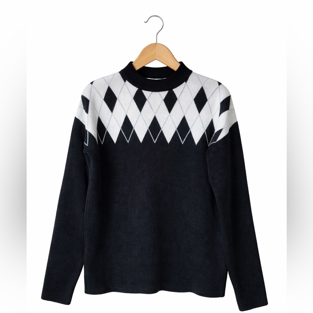 Tahari Argyle Mock Neck Sweater Medium Preppy Old Money Quiet Luxury Chic
